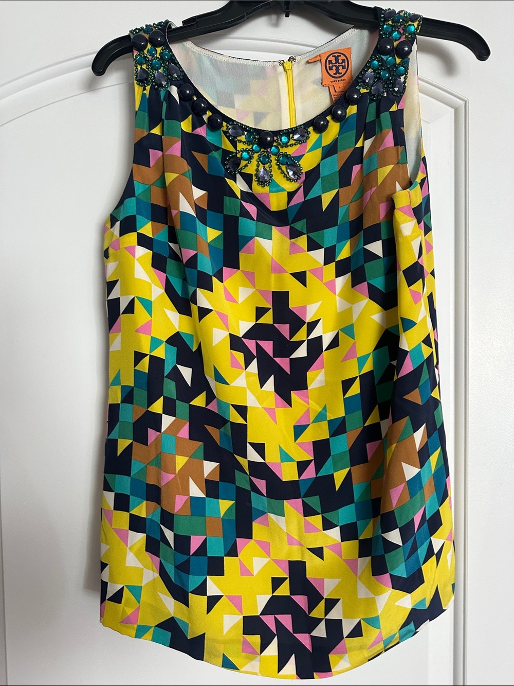 Tory Burch Yellow Multicolor Geometric Beaded Shell Top